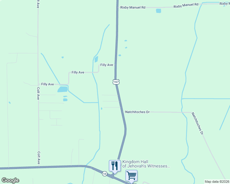 map of restaurants, bars, coffee shops, grocery stores, and more near 116-126 Morning Glory Lane in Ville Platte