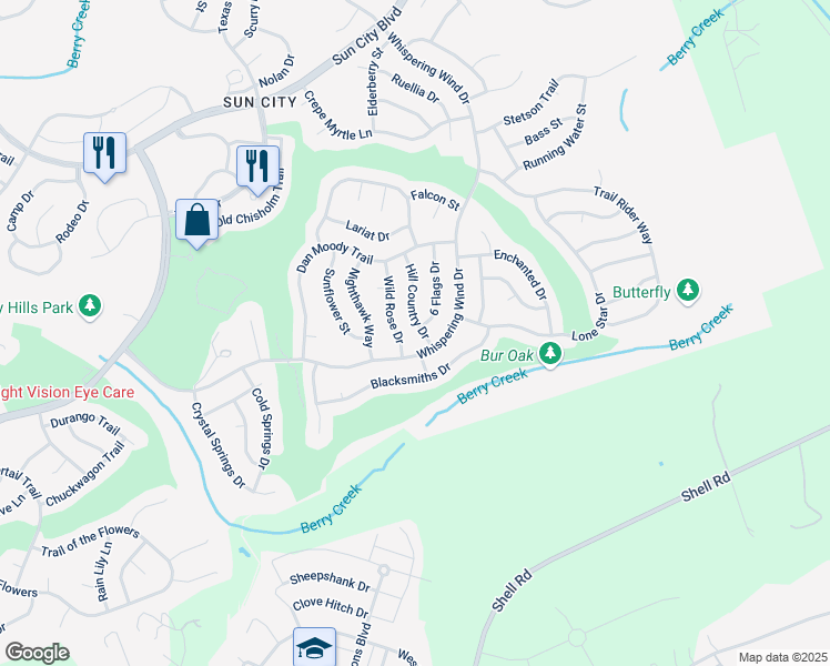 map of restaurants, bars, coffee shops, grocery stores, and more near 103 Hill Country Drive in Georgetown