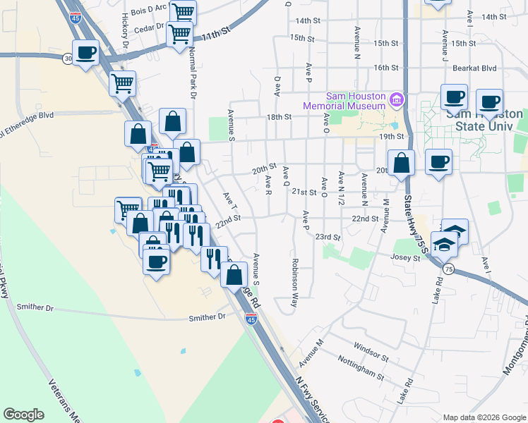 map of restaurants, bars, coffee shops, grocery stores, and more near 2210 Avenue South in Huntsville