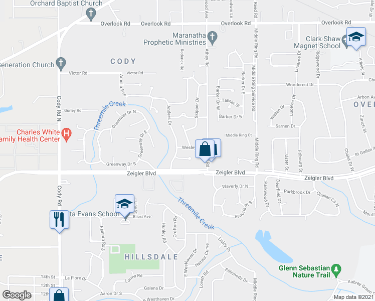 map of restaurants, bars, coffee shops, grocery stores, and more near 6617 Wesley Drive in Mobile