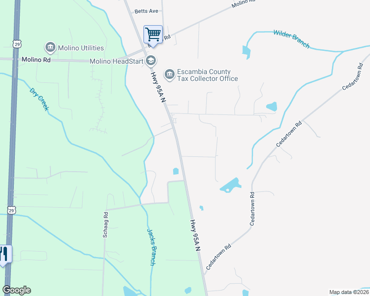 map of restaurants, bars, coffee shops, grocery stores, and more near 6240 Highway 95A North in Molino