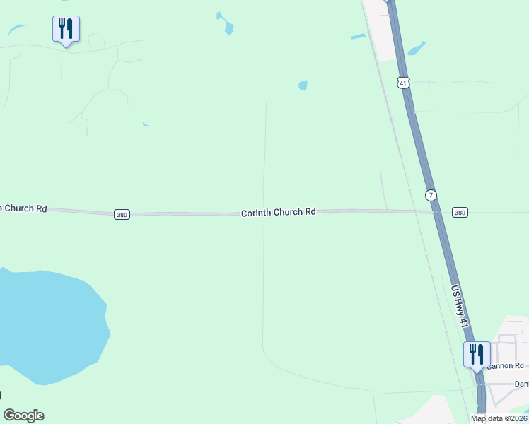 map of restaurants, bars, coffee shops, grocery stores, and more near County Road 380 in Lowndes County