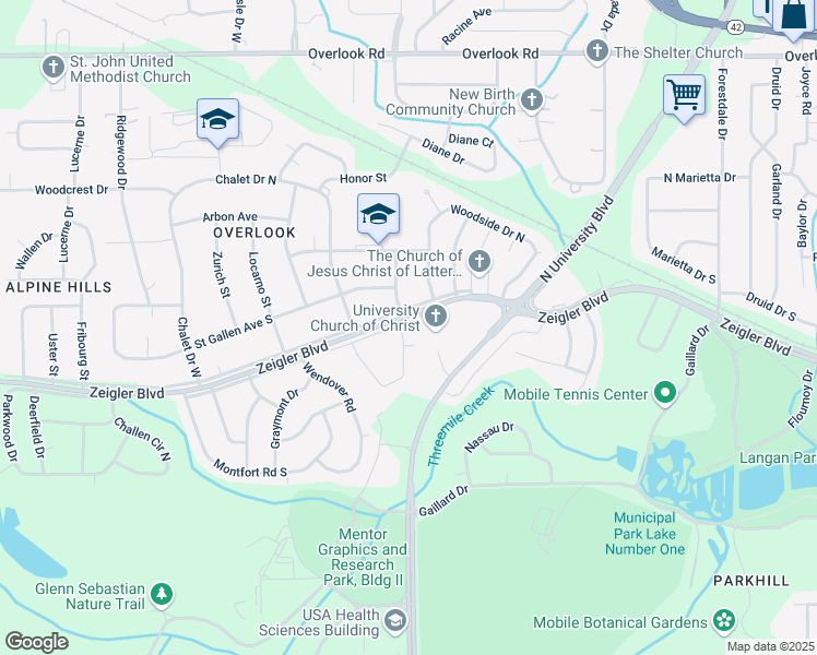 map of restaurants, bars, coffee shops, grocery stores, and more near Zeigler Blvd Srvc Rd in Mobile