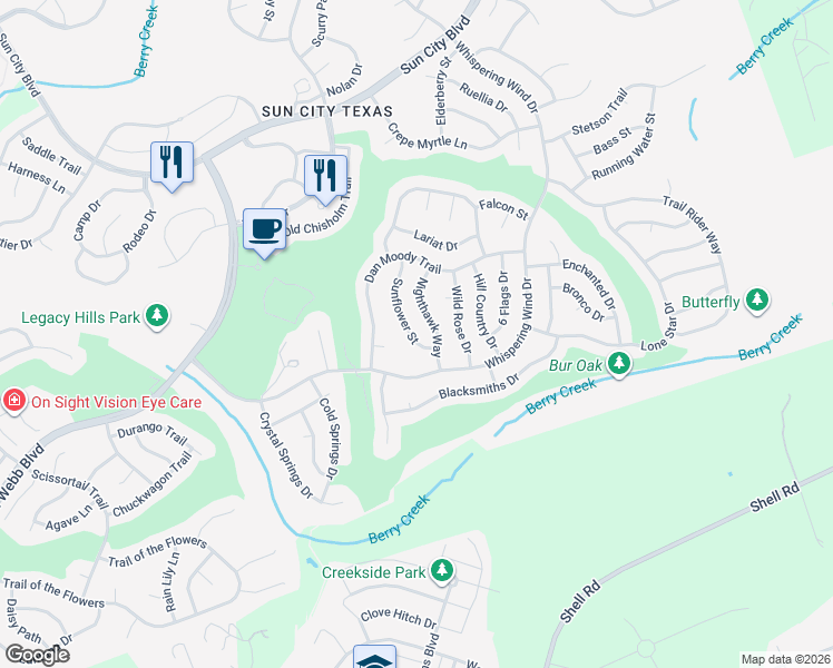 map of restaurants, bars, coffee shops, grocery stores, and more near 117 Sunflower Street in Georgetown