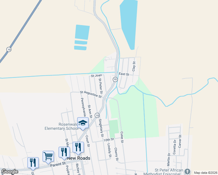map of restaurants, bars, coffee shops, grocery stores, and more near 8638 Saint Paul Street in New Roads