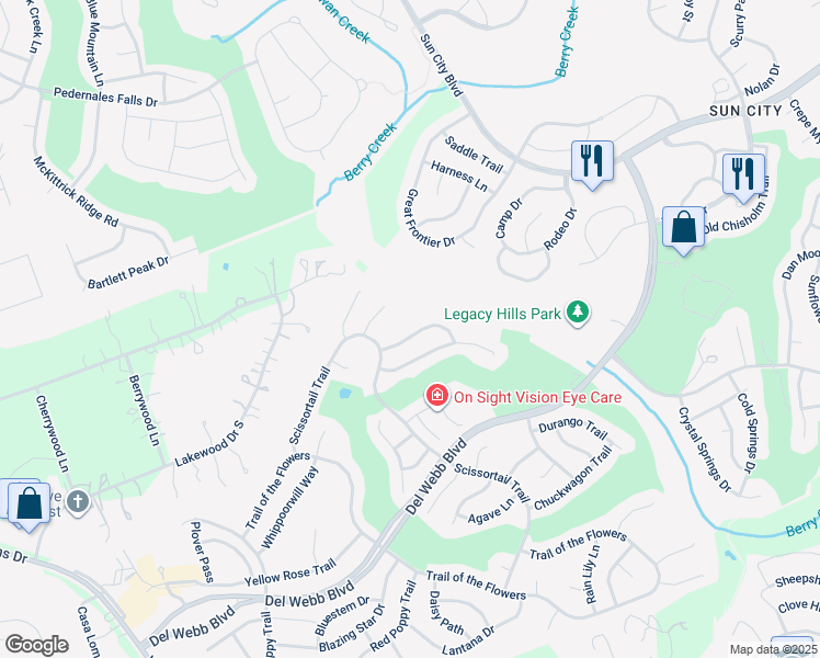 map of restaurants, bars, coffee shops, grocery stores, and more near 112 Warbler Way in Georgetown