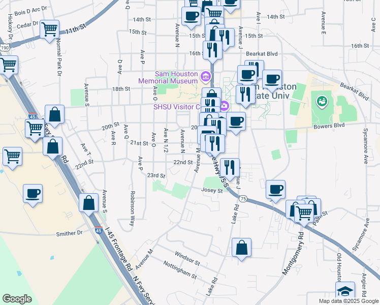 map of restaurants, bars, coffee shops, grocery stores, and more near 1311 1/2 21st Street in Huntsville