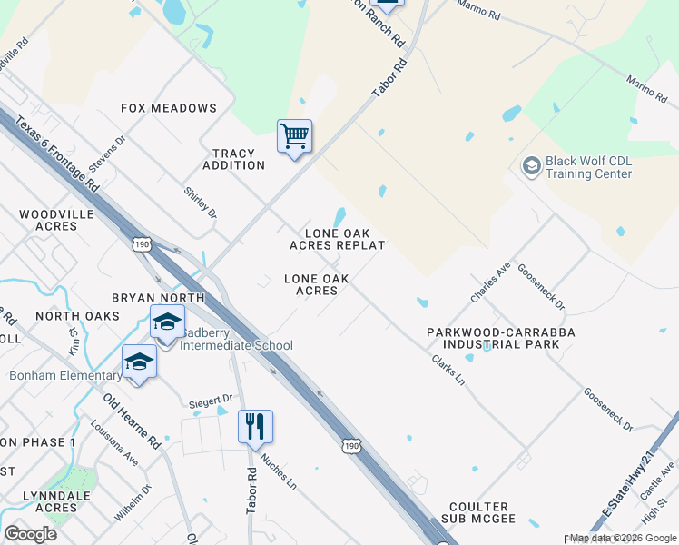 map of restaurants, bars, coffee shops, grocery stores, and more near 2910 Clarks Lane in Bryan