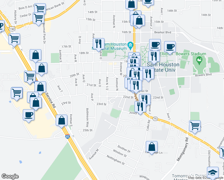 map of restaurants, bars, coffee shops, grocery stores, and more near 1418 21 1/2 Street in Huntsville