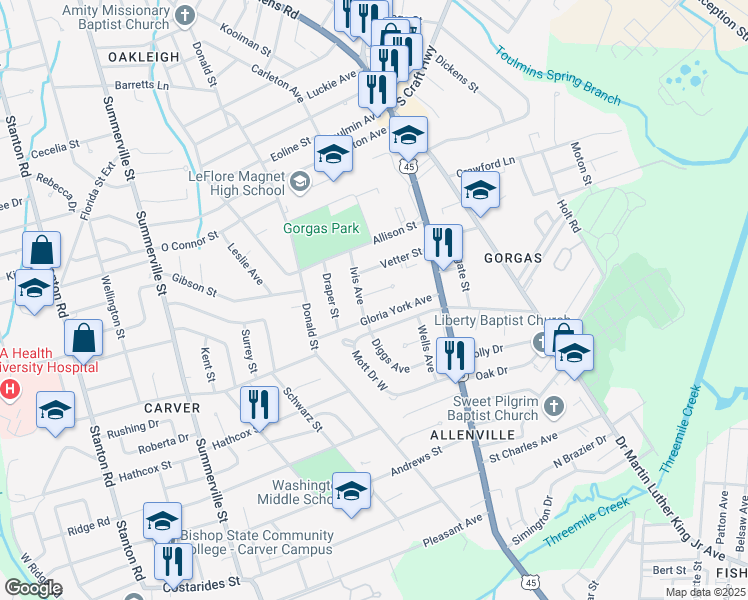 map of restaurants, bars, coffee shops, grocery stores, and more near 1861 Nabers Drive in Mobile