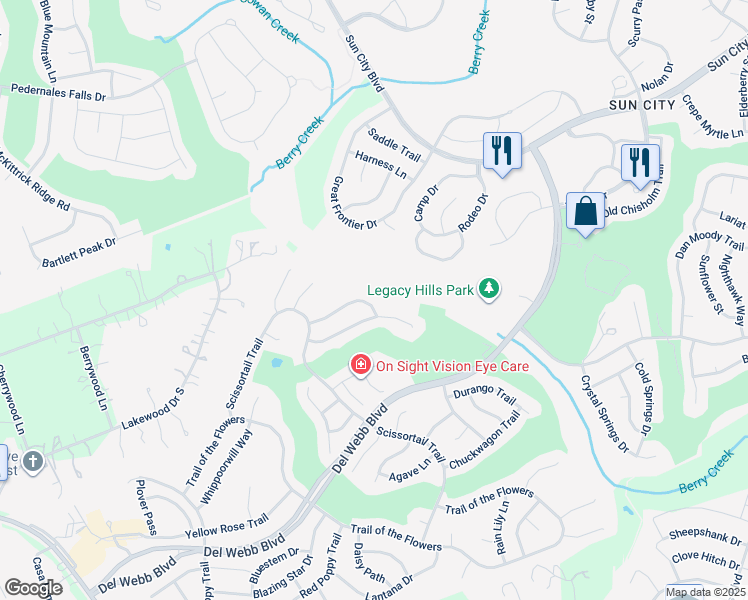 map of restaurants, bars, coffee shops, grocery stores, and more near 130 Warbler Way in Georgetown