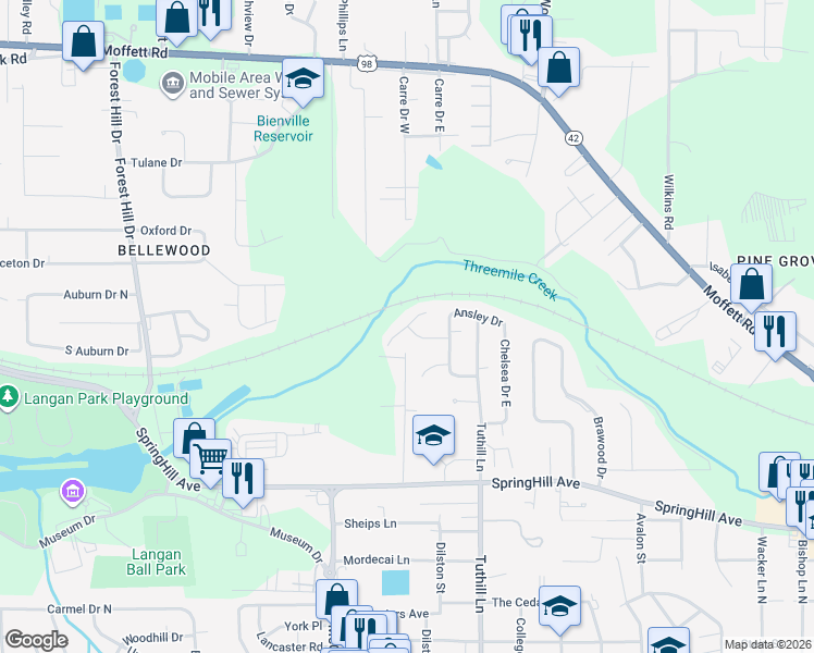 map of restaurants, bars, coffee shops, grocery stores, and more near 1098 Bristol Court in Mobile