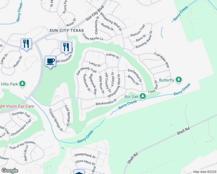 map of restaurants, bars, coffee shops, grocery stores, and more near 106 Hill Country Drive in Georgetown