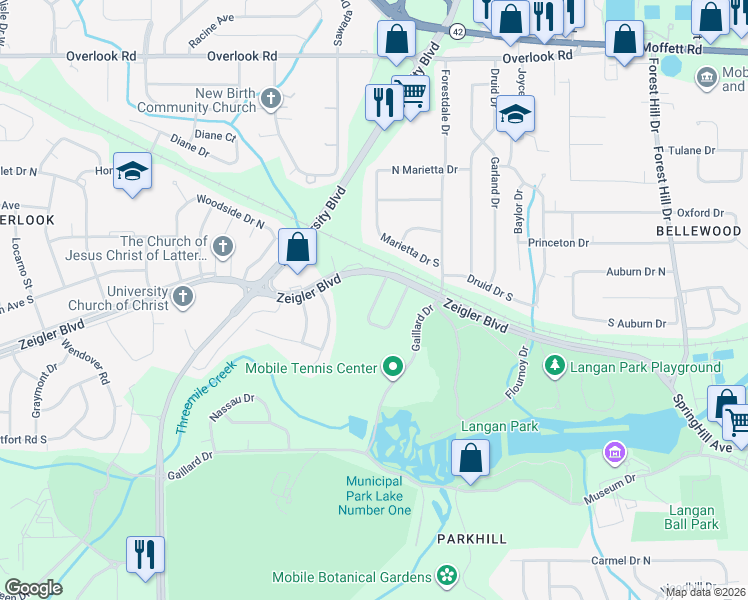 map of restaurants, bars, coffee shops, grocery stores, and more near 909 West David Langan in Mobile