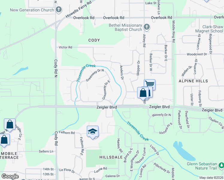 map of restaurants, bars, coffee shops, grocery stores, and more near 1121 Greenville Dr in Mobile