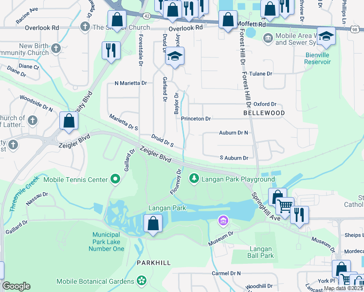map of restaurants, bars, coffee shops, grocery stores, and more near 1104 Peabody Drive in Mobile