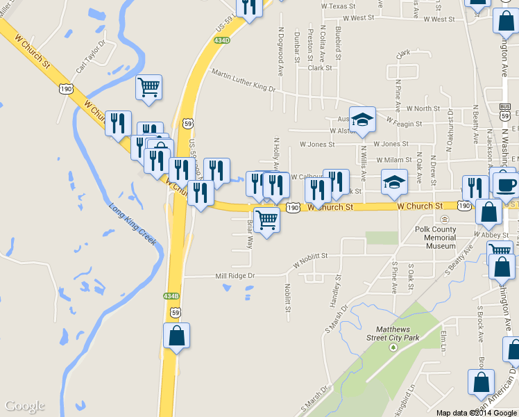 map of restaurants, bars, coffee shops, grocery stores, and more near 1324 W Church St in Livingston