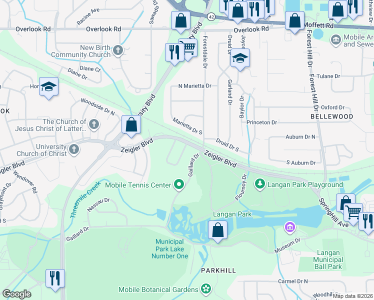 map of restaurants, bars, coffee shops, grocery stores, and more near in Mobile