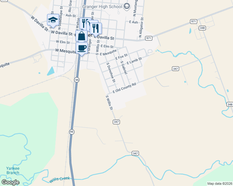 map of restaurants, bars, coffee shops, grocery stores, and more near 303 East Old County Road in Granger