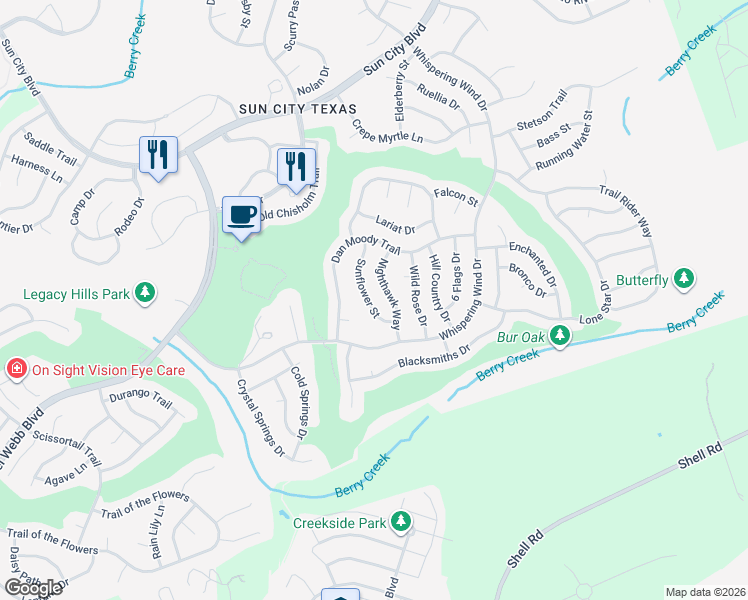 map of restaurants, bars, coffee shops, grocery stores, and more near 110 Sunflower Street in Georgetown