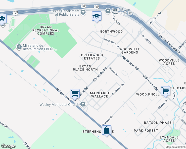 map of restaurants, bars, coffee shops, grocery stores, and more near 2501 Hardwood Drive in Bryan