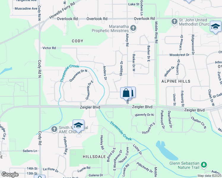 map of restaurants, bars, coffee shops, grocery stores, and more near 1102 Anders Drive in Mobile