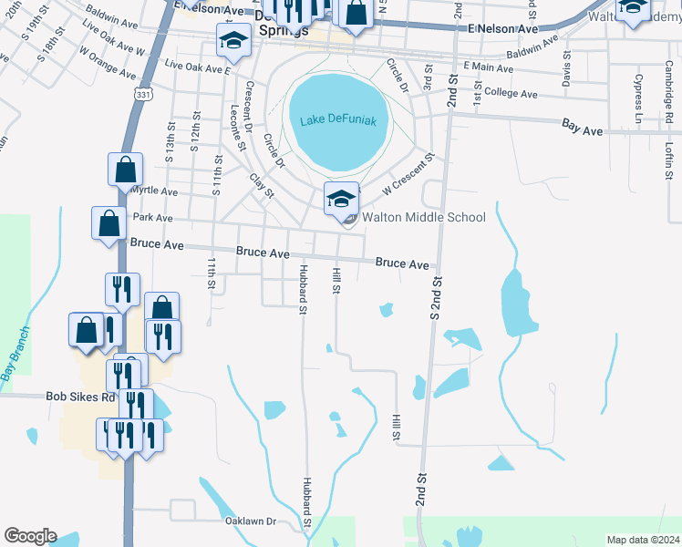 map of restaurants, bars, coffee shops, grocery stores, and more near 632 Bruce Avenue in DeFuniak Springs