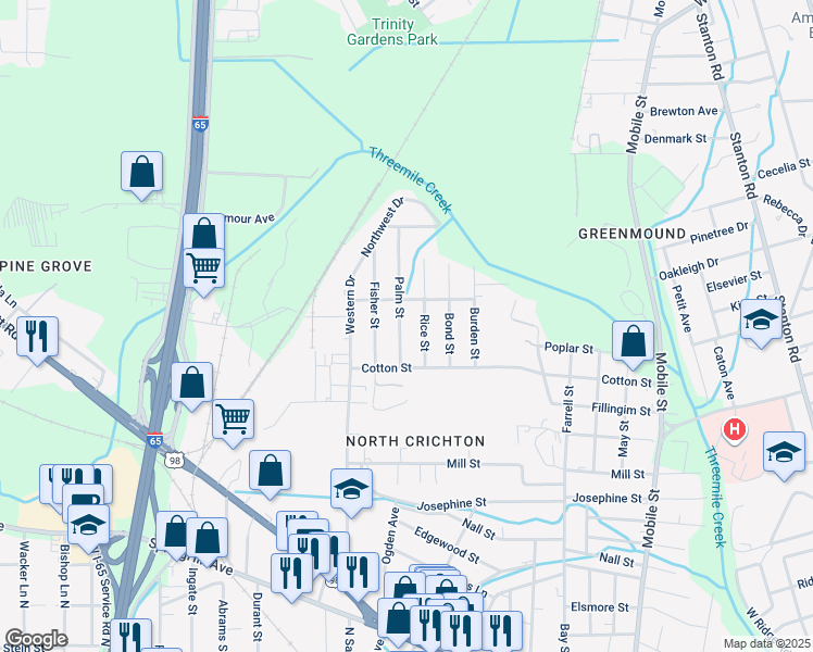 map of restaurants, bars, coffee shops, grocery stores, and more near 667-669 Palm Street in Mobile