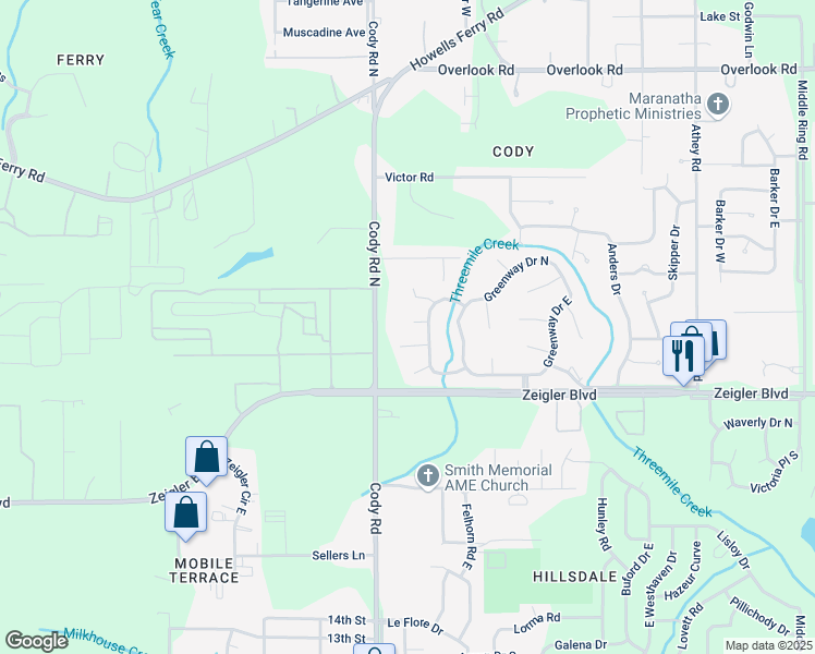 map of restaurants, bars, coffee shops, grocery stores, and more near 7029 Gloster Court in Mobile