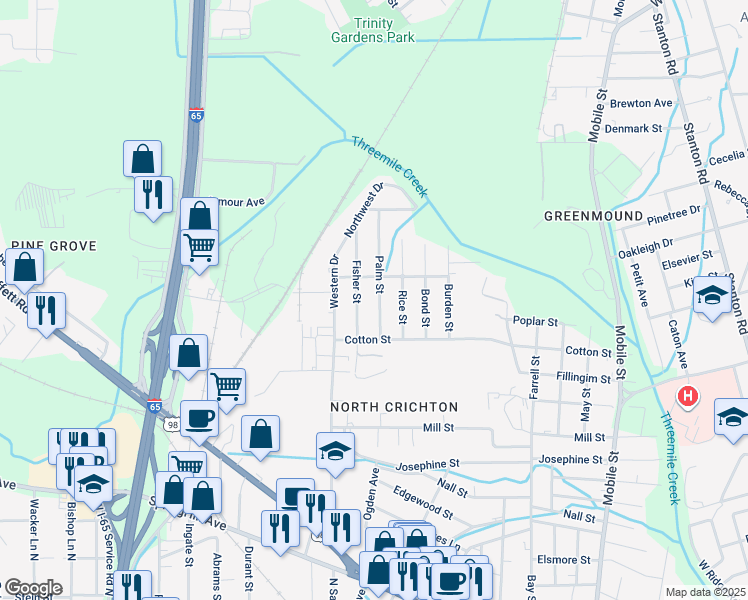 map of restaurants, bars, coffee shops, grocery stores, and more near 667 Palm Street in Mobile