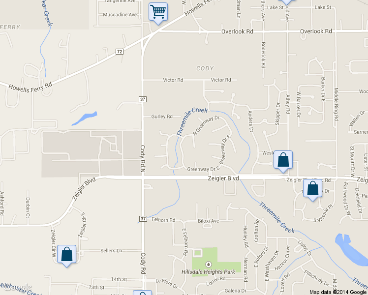 map of restaurants, bars, coffee shops, grocery stores, and more near 1108 Greenway Drive West in Mobile