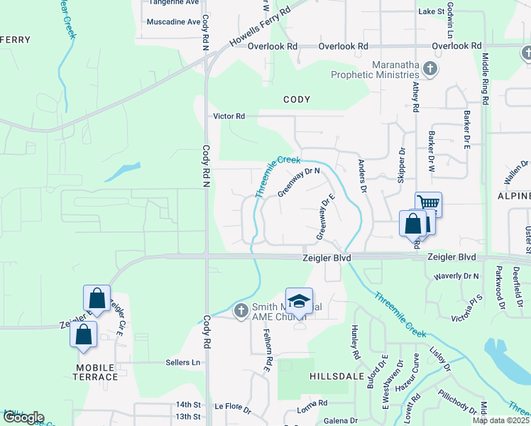 map of restaurants, bars, coffee shops, grocery stores, and more near 1108 Greenway Drive West in Mobile