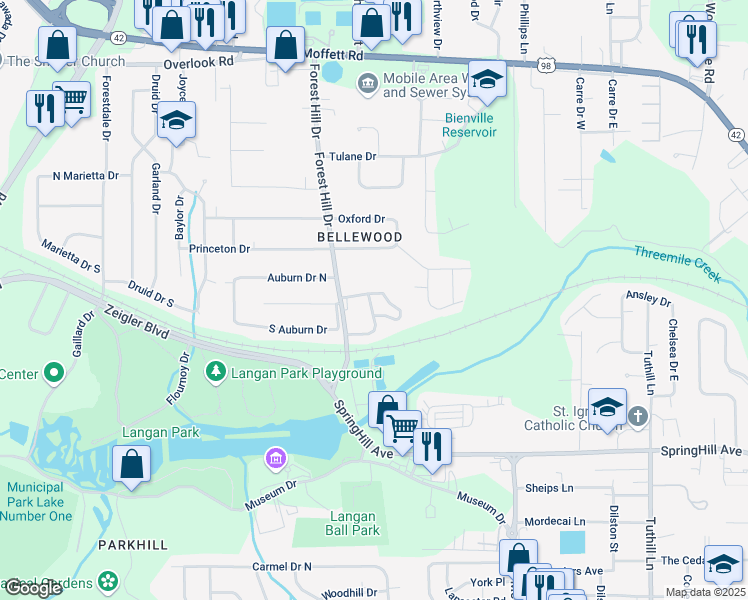 map of restaurants, bars, coffee shops, grocery stores, and more near 4667 West Pinewood Drive in Mobile