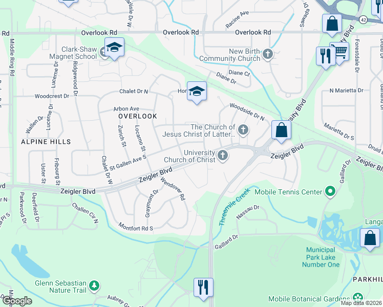 map of restaurants, bars, coffee shops, grocery stores, and more near 5758 Zeigler Boulevard in Mobile