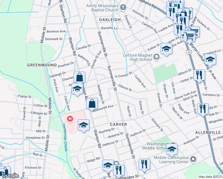 map of restaurants, bars, coffee shops, grocery stores, and more near 2207 Summerland Drive in Mobile