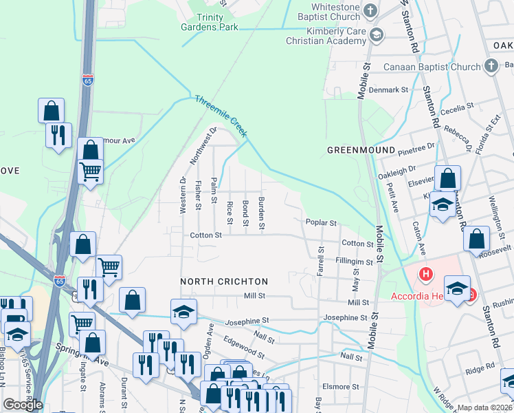 map of restaurants, bars, coffee shops, grocery stores, and more near 667 Burden Street in Mobile