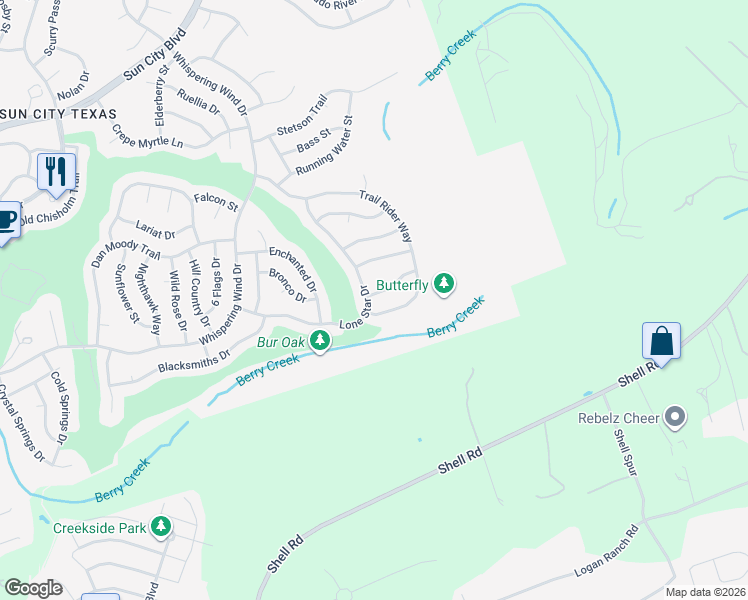 map of restaurants, bars, coffee shops, grocery stores, and more near 101 Beautybush Trail in Georgetown
