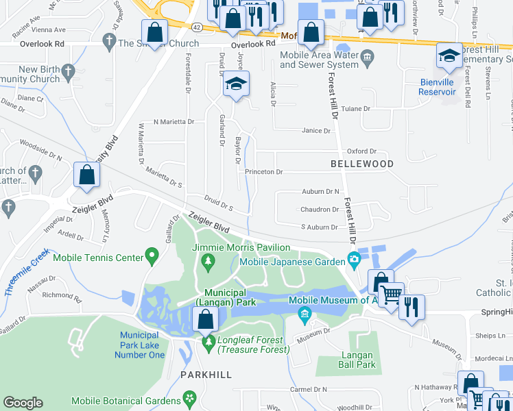 map of restaurants, bars, coffee shops, grocery stores, and more near 1104 Peabody Drive in Mobile
