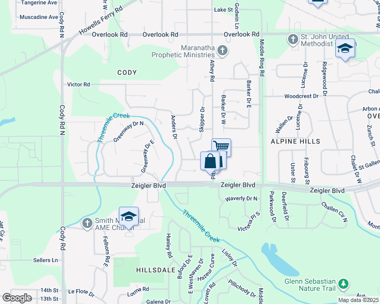 map of restaurants, bars, coffee shops, grocery stores, and more near 1105 Rhett Drive in Mobile
