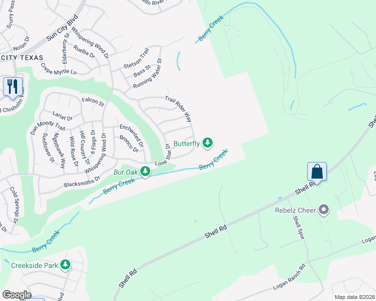 map of restaurants, bars, coffee shops, grocery stores, and more near 185 Trail Rider Way in Georgetown