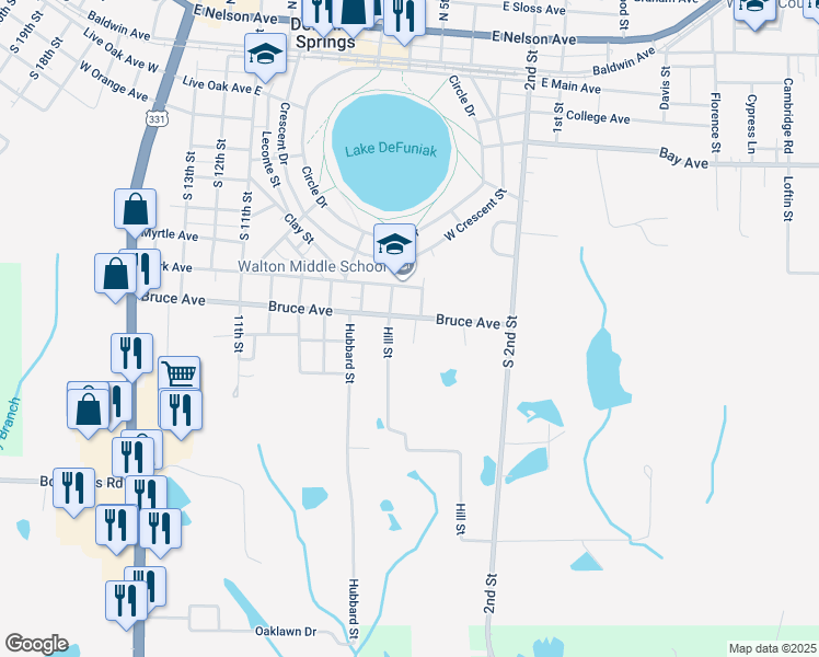 map of restaurants, bars, coffee shops, grocery stores, and more near 632 Bruce Avenue in DeFuniak Springs
