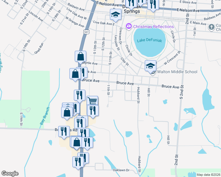 map of restaurants, bars, coffee shops, grocery stores, and more near 120 Captain Street in DeFuniak Springs