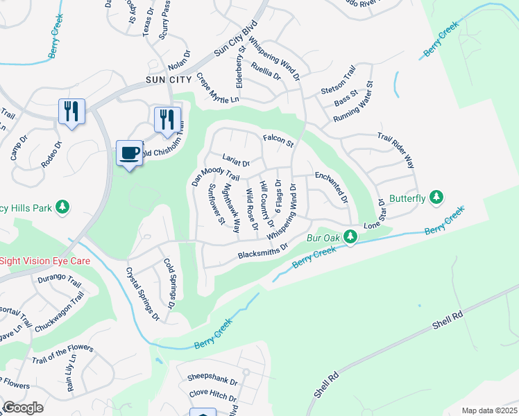map of restaurants, bars, coffee shops, grocery stores, and more near 111 Hill Country Drive in Georgetown