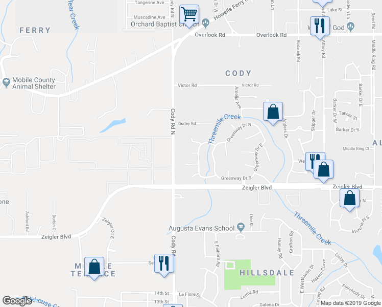 map of restaurants, bars, coffee shops, grocery stores, and more near 7028 Gloster Court in Mobile