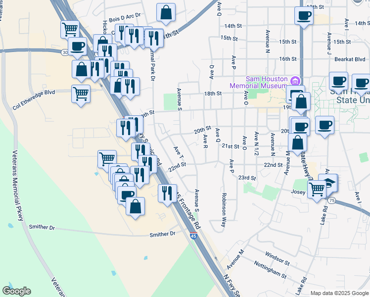 map of restaurants, bars, coffee shops, grocery stores, and more near 2015 Avenue T in Huntsville
