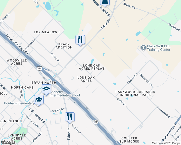 map of restaurants, bars, coffee shops, grocery stores, and more near 2910 Clarks Lane in Bryan