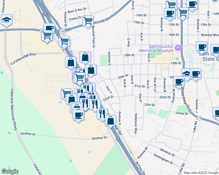 map of restaurants, bars, coffee shops, grocery stores, and more near 2015 Avenue T in Huntsville