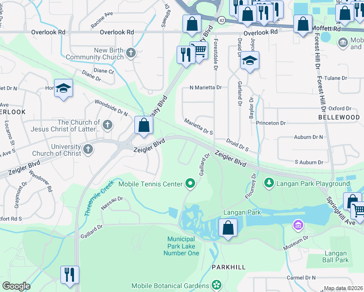 map of restaurants, bars, coffee shops, grocery stores, and more near 909 West David Langan in Mobile