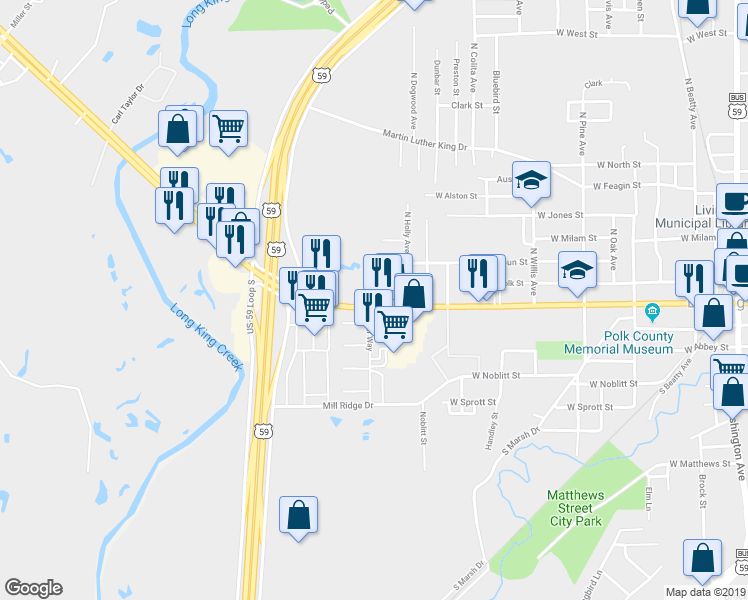 map of restaurants, bars, coffee shops, grocery stores, and more near 1324 West Church Street in Livingston