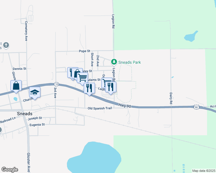 map of restaurants, bars, coffee shops, grocery stores, and more near 8178 Laura Street in Sneads